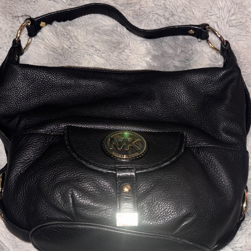 Michael Kors Black Pebbled Leather Shoulder Bag with Gold MK Emblem